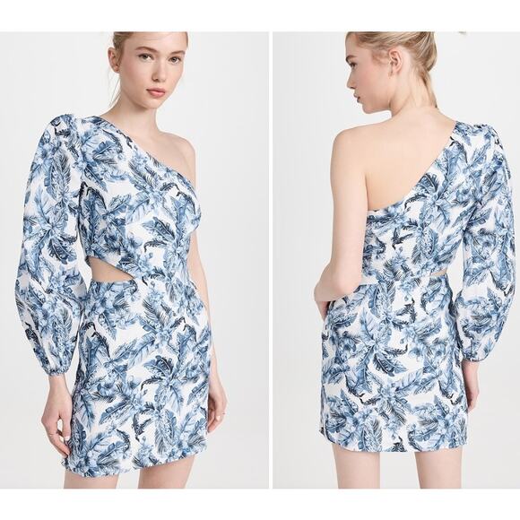 Cami NYC Pandora one shoulder puff sleeve cut out linen mini Dress blue multi 8 - Picture 1 of 10